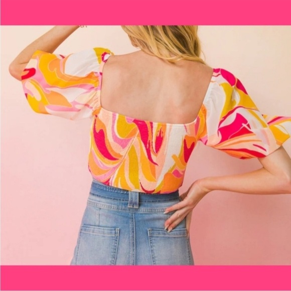 Flying Tomato Multi Color Puff Sleeve Crop Top Large - Picture 2 of 9